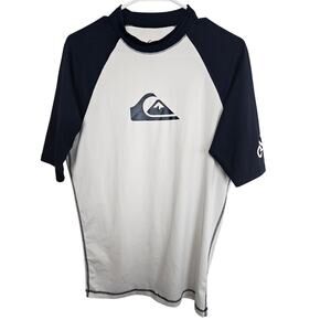 Quiksilver Rash Guard Navy Blue White Short Sleeve Pullover Men XL